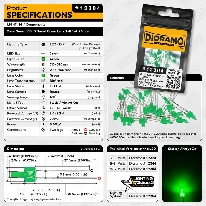 2mm Green LED. Diffused Green Lens. Tall Flat. 20 pcs.