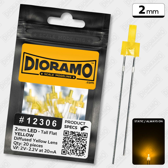 2mm Yellow LED. Diffused Yellow Lens. Tall Flat. 20 pcs.