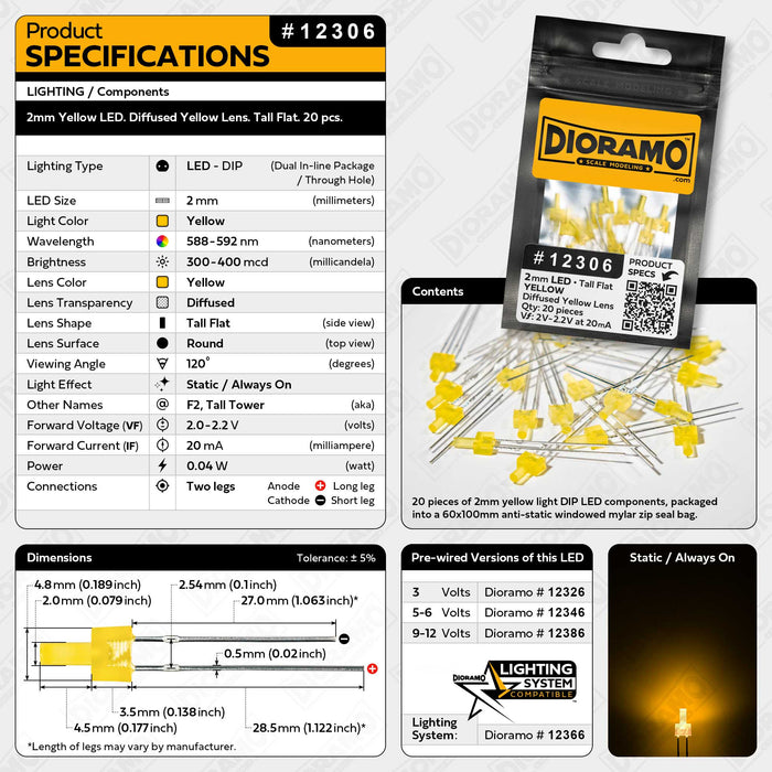 2mm Yellow LED. Diffused Yellow Lens. Tall Flat. 20 pcs.