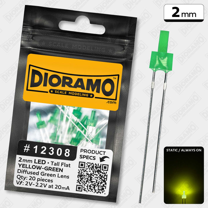 2mm Yellow-Green LED. Diffused Green Lens. Tall Flat. 20 pcs.