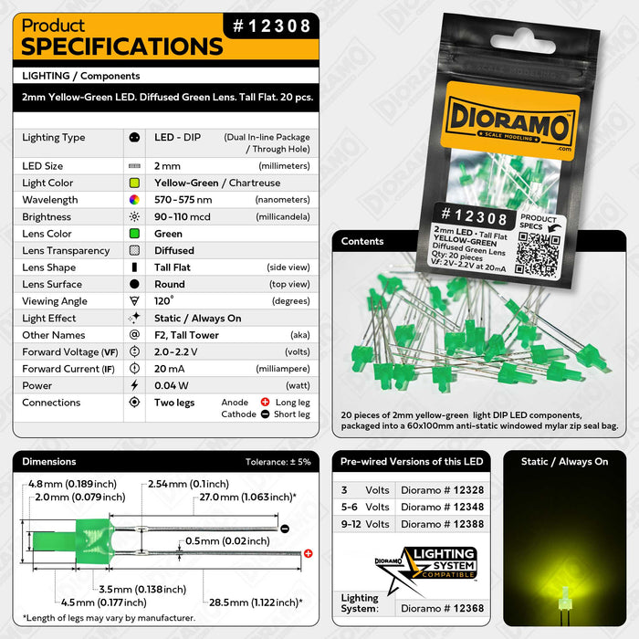 2mm Yellow-Green LED. Diffused Green Lens. Tall Flat. 20 pcs.