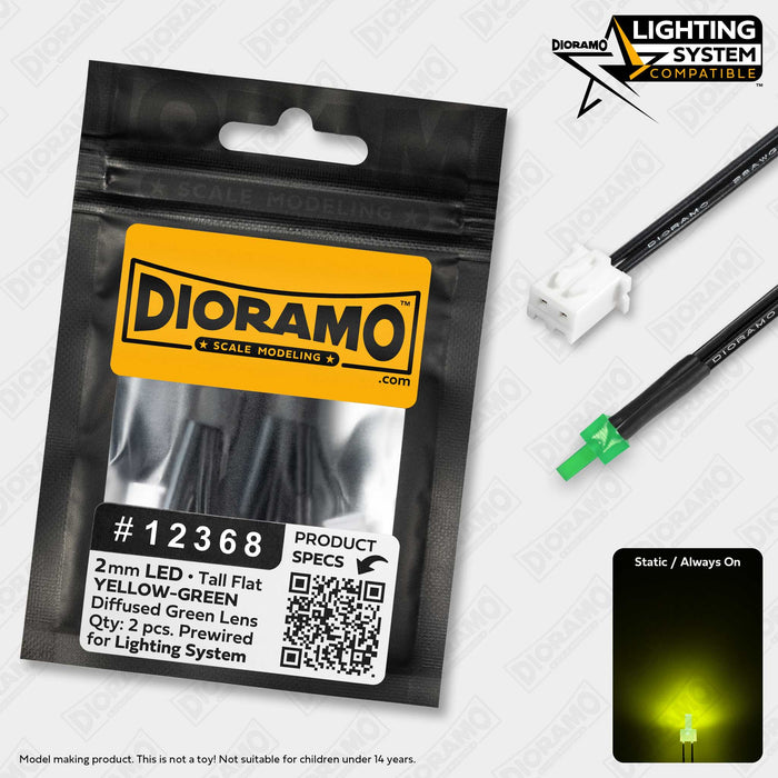 2mm Yellow-Green LED. Diffused Tall Lens. For Lighting System. 2 pcs.