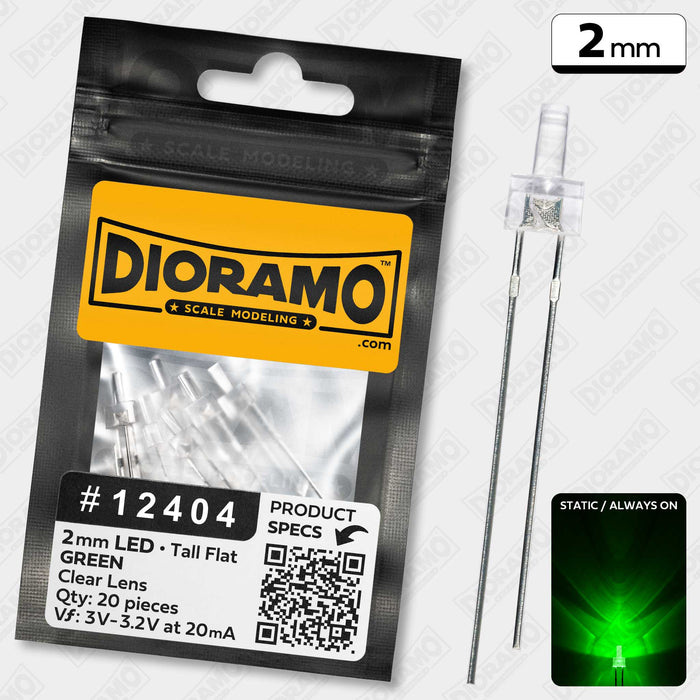 2mm Green LED. Clear Lens. Tall Flat. 20 pcs.