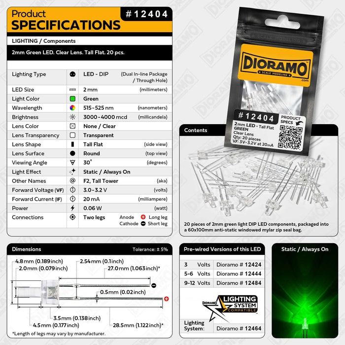 2mm Green LED. Clear Lens. Tall Flat. 20 pcs.