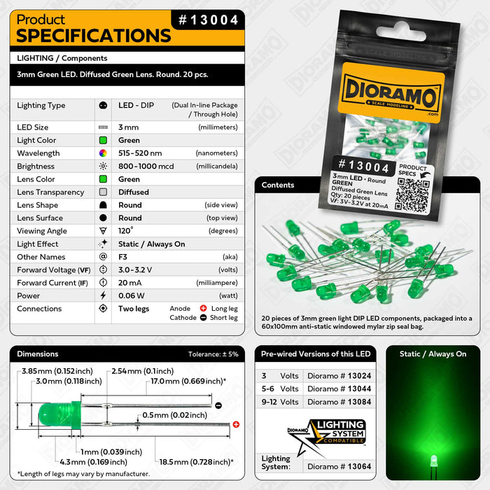 3mm Green LED. Diffused Green Lens. Round. 20 pcs.