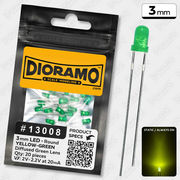 3mm Yellow-Green LED. Diffused Green Lens. Round. 20 pcs.