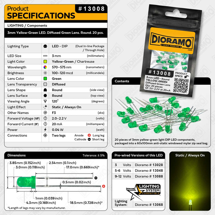 3mm Yellow-Green LED. Diffused Green Lens. Round. 20 pcs.