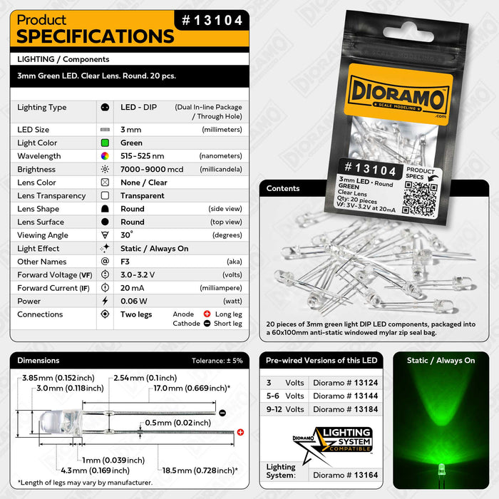 3mm Green LED. Clear Lens. Round. 20 pcs.