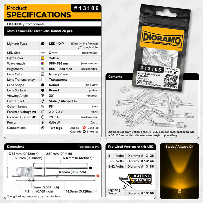 3mm Yellow LED. Clear Lens. Round. 20 pcs.