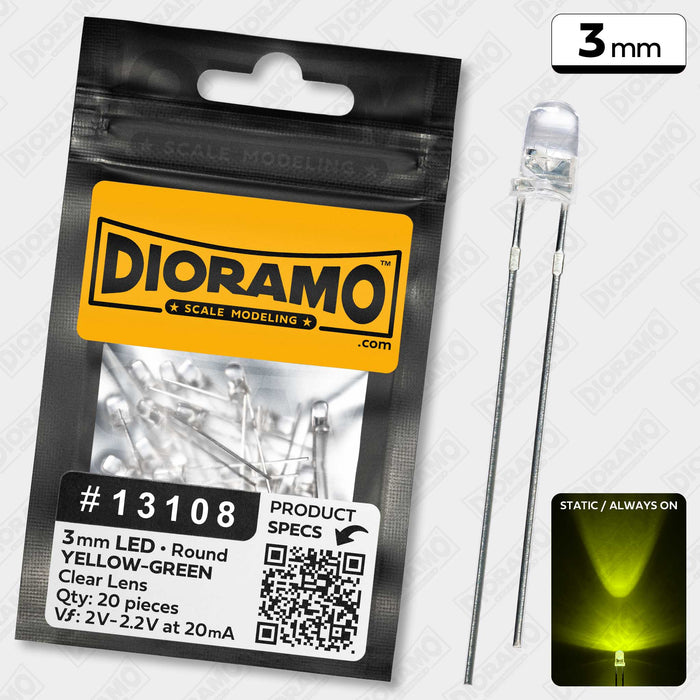 3mm Yellow-Green LED. Clear Lens. Round. 20 pcs.