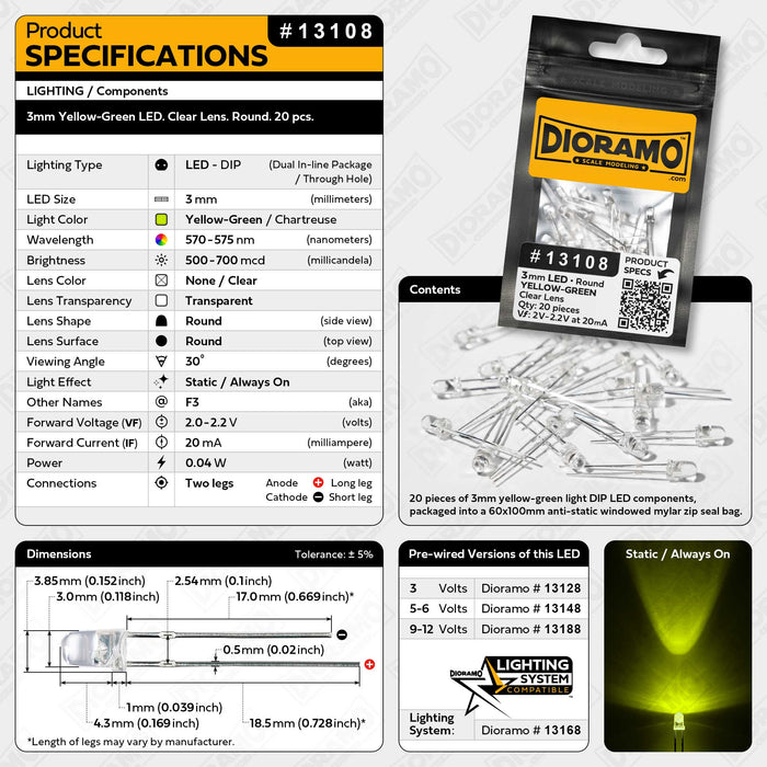 3mm Yellow-Green LED. Clear Lens. Round. 20 pcs.