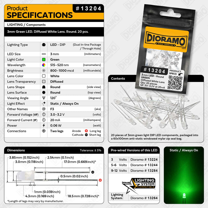 3mm Green LED. Diffused White Lens. Round. 20 pcs.