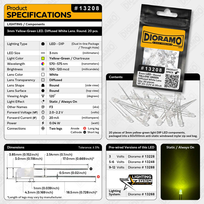 3mm Yellow-Green LED. Diffused White Lens. Round. 20 pcs.