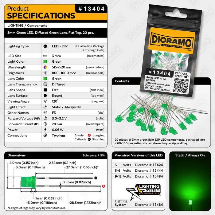 3mm Green LED. Diffused Green Lens. Flat Top. 20 pcs.