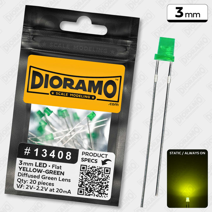 3mm Yellow-Green LED. Diffused Green Lens. Flat Top. 20 pcs.