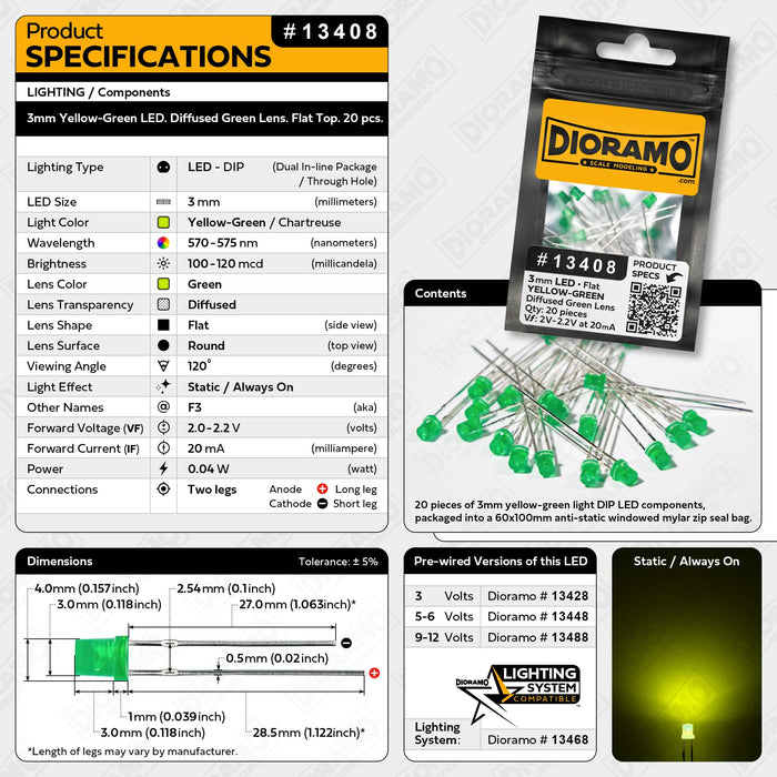 3mm Yellow-Green LED. Diffused Green Lens. Flat Top. 20 pcs.