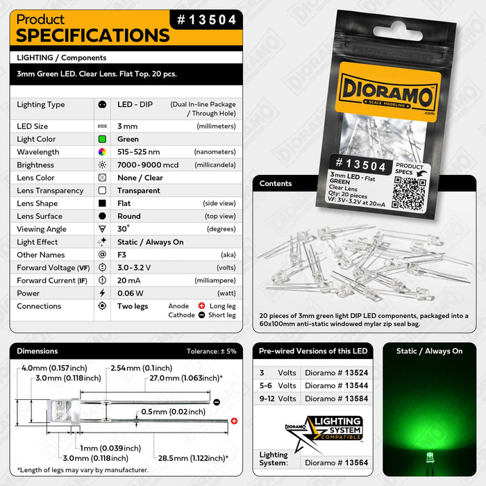 3mm Green LED. Clear Lens. Flat Top. 20 pcs.