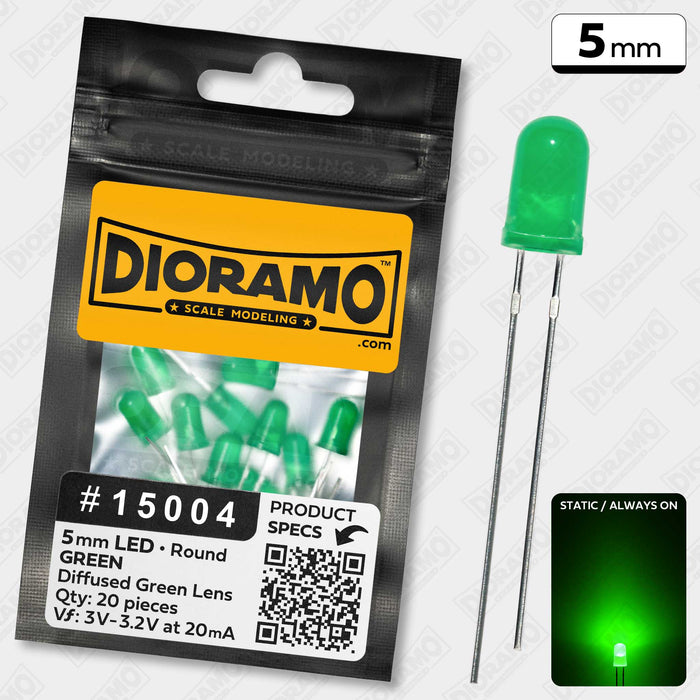 5mm Green LED. Diffused Green Lens. Round. 20 pcs.