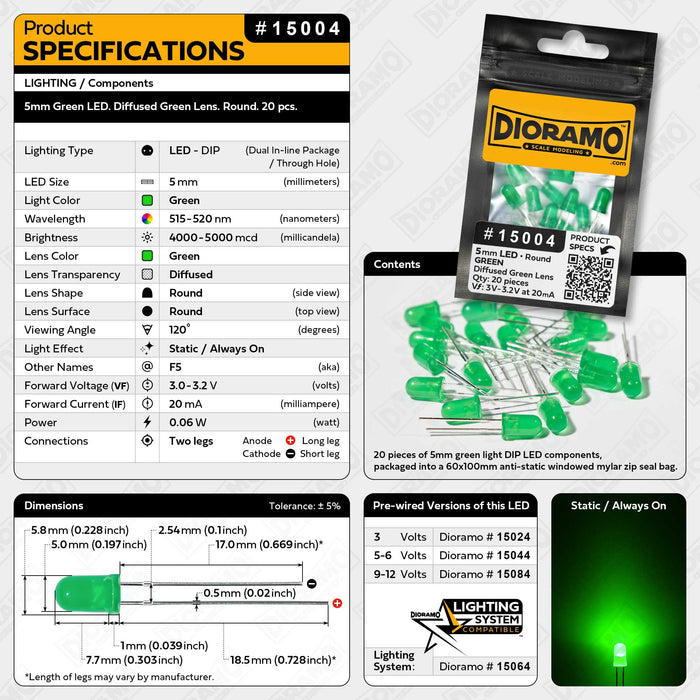 5mm Green LED. Diffused Green Lens. Round. 20 pcs.