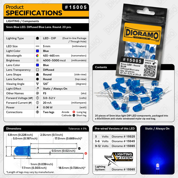 5mm Blue LED. Diffused Blue Lens. Round. 20 pcs.