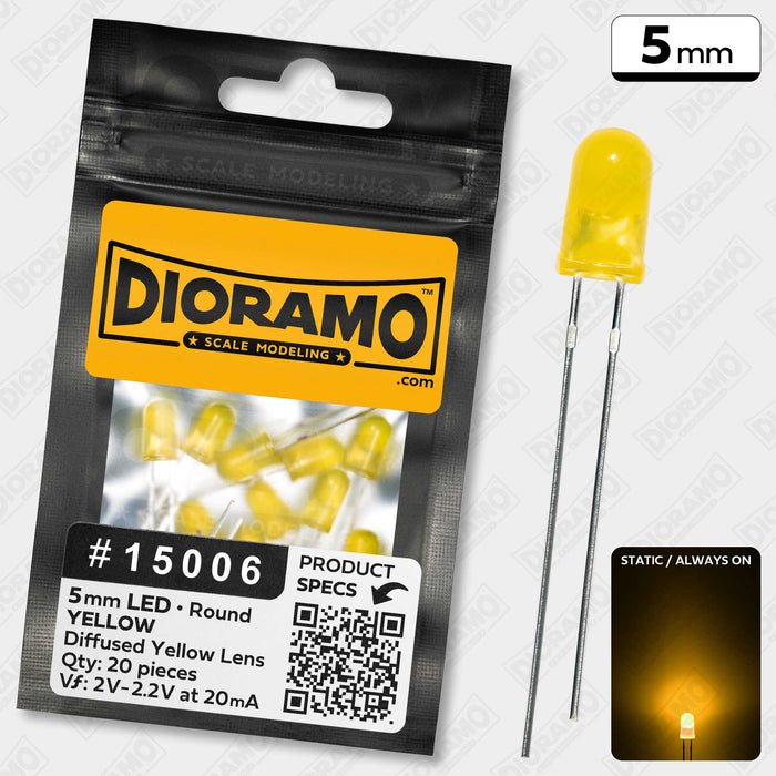 5mm Yellow LED. Diffused Yellow Lens. Round. 20 pcs.