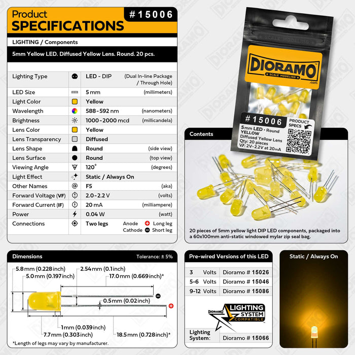 5mm Yellow LED. Diffused Yellow Lens. Round. 20 pcs.