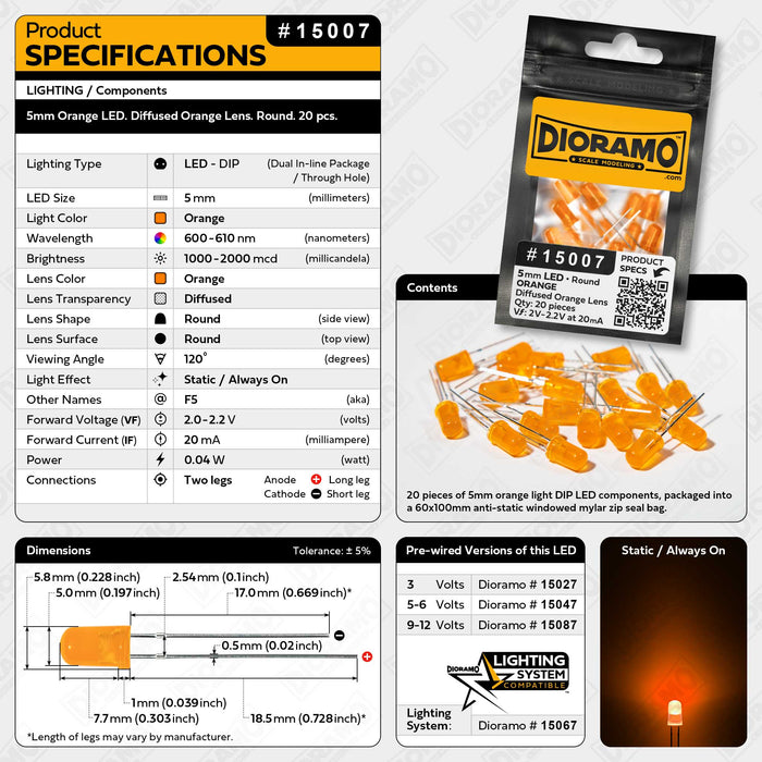 5mm Orange LED. Diffused Orange Lens. Round. 20 pcs.