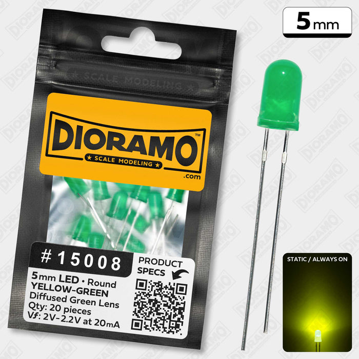 5mm Yellow-Green LED. Diffused Green Lens. Round. 20 pcs.