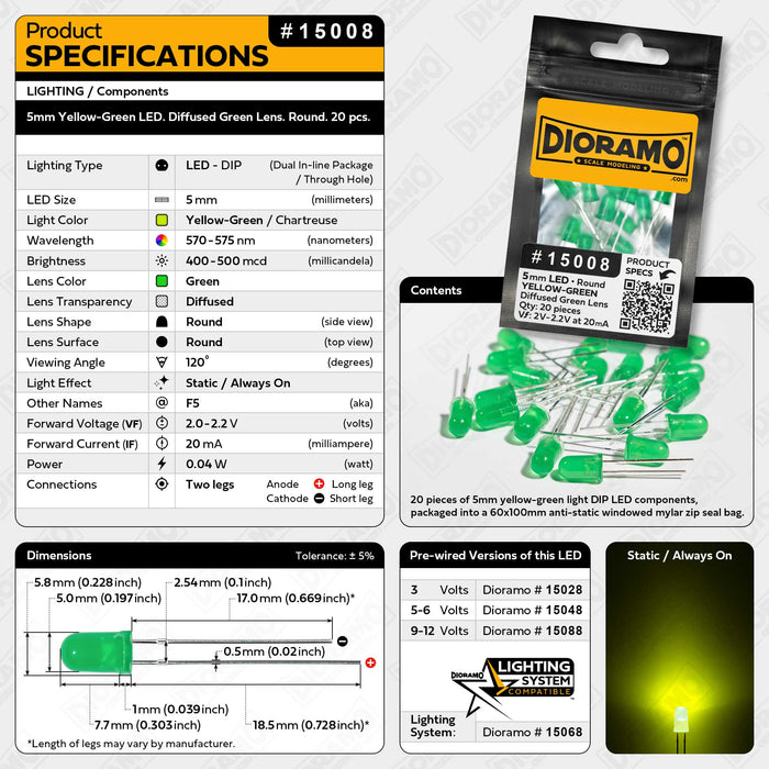 5mm Yellow-Green LED. Diffused Green Lens. Round. 20 pcs.