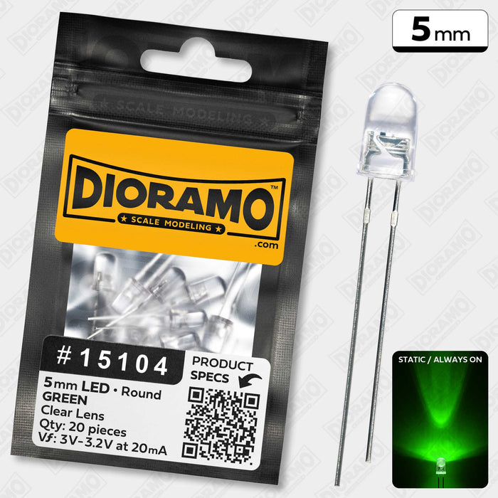 5mm Green LED. Clear Lens. Round. 20 pcs.