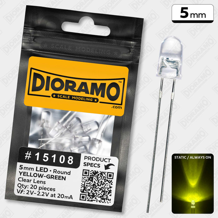 5mm Yellow-Green LED. Clear Lens. Round. 20 pcs.