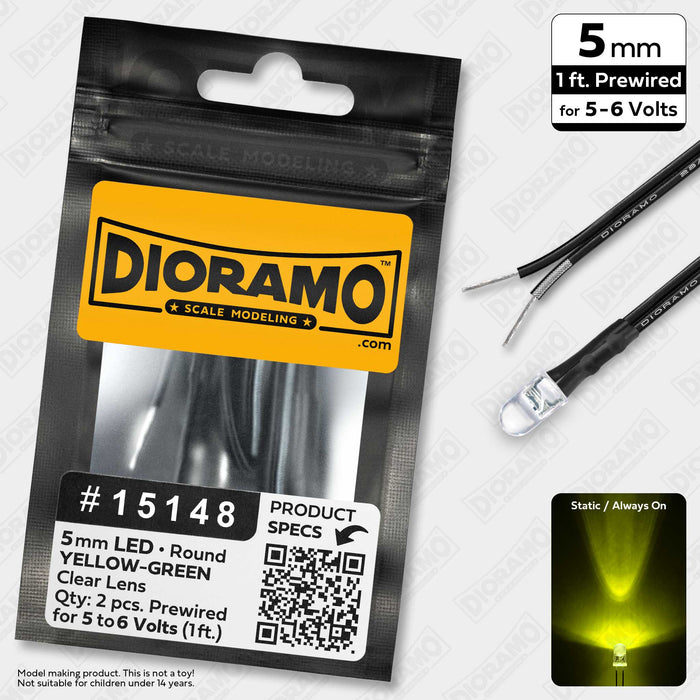 5mm Yellow-Green LED. Clear Lens. 5-6 Volts Prewired 1ft. 2 pcs.