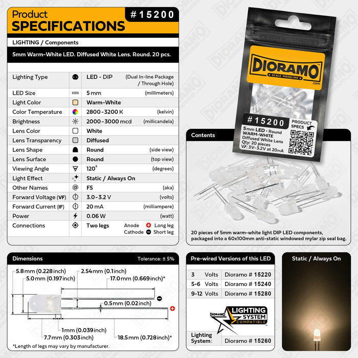 5mm Warm-White LED. Diffused White Lens. Round. 20 pcs.