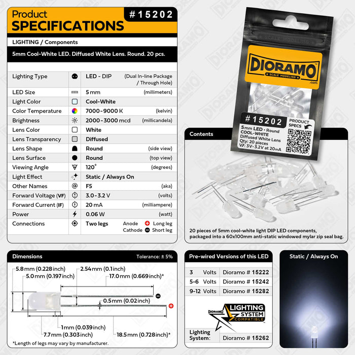 5mm Cool-White LED. Diffused White Lens. Round. 20 pcs.