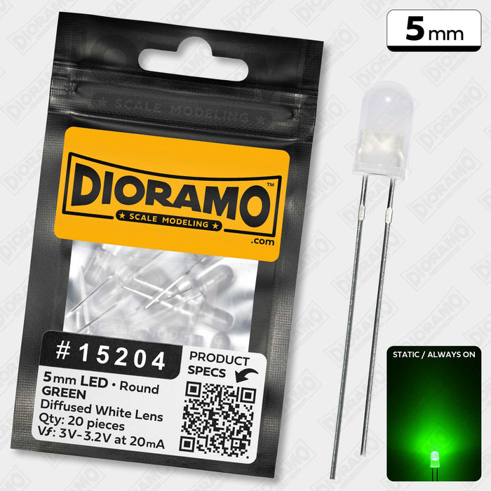 5mm Green LED. Diffused White Lens. Round. 20 pcs.