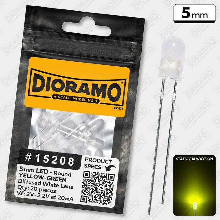 5mm Yellow-Green LED. Diffused White Lens. Round. 20 pcs.