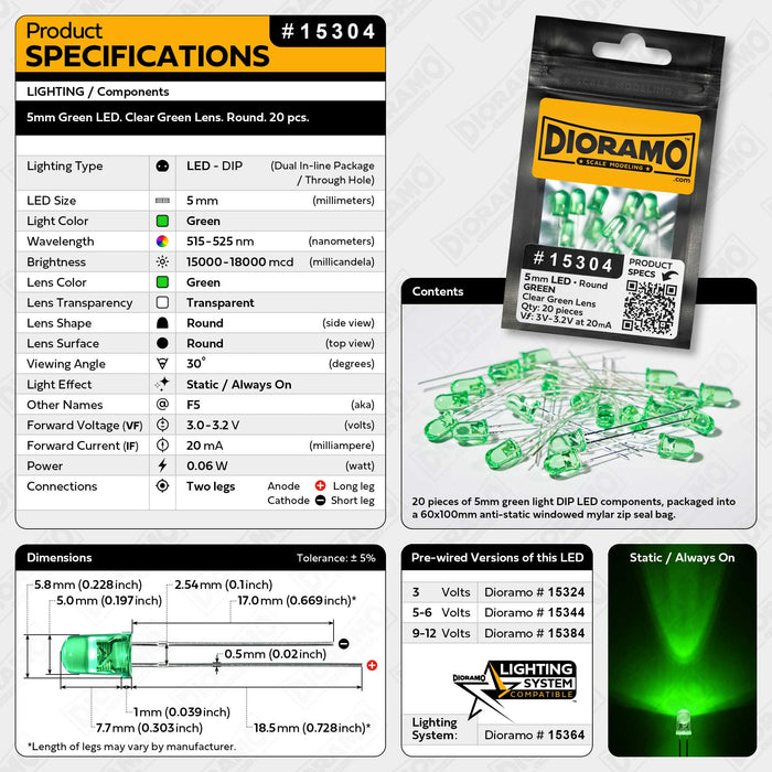 5mm Green LED. Clear Green Lens. Round. 20 pcs.