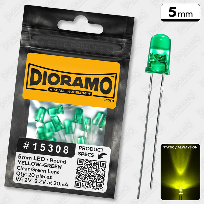 5mm Yellow-Green LED. Clear Green Lens. Round. 20 pcs.