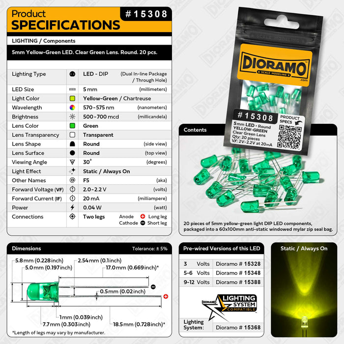 5mm Yellow-Green LED. Clear Green Lens. Round. 20 pcs.