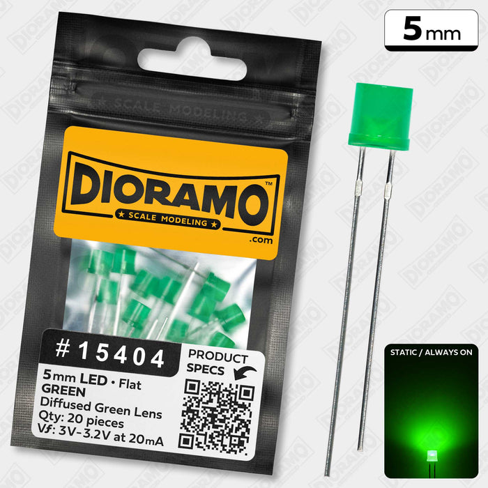 5mm Green LED. Diffused Green Lens. Flat Top. 20 pcs.