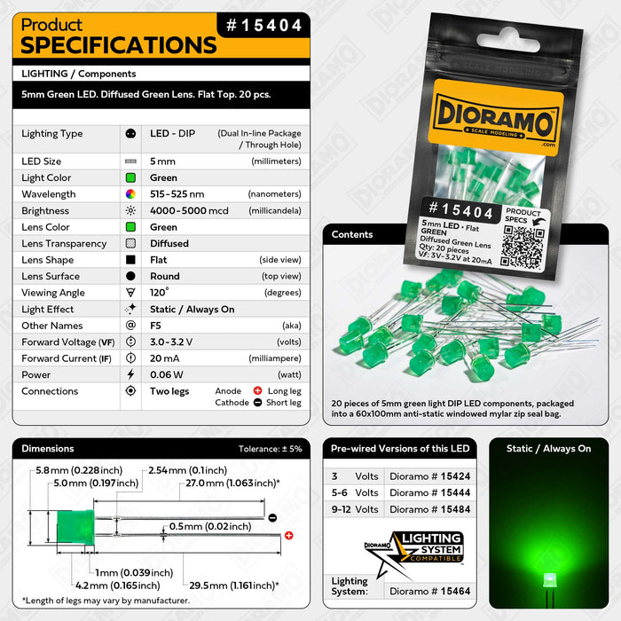 5mm Green LED. Diffused Green Lens. Flat Top. 20 pcs.