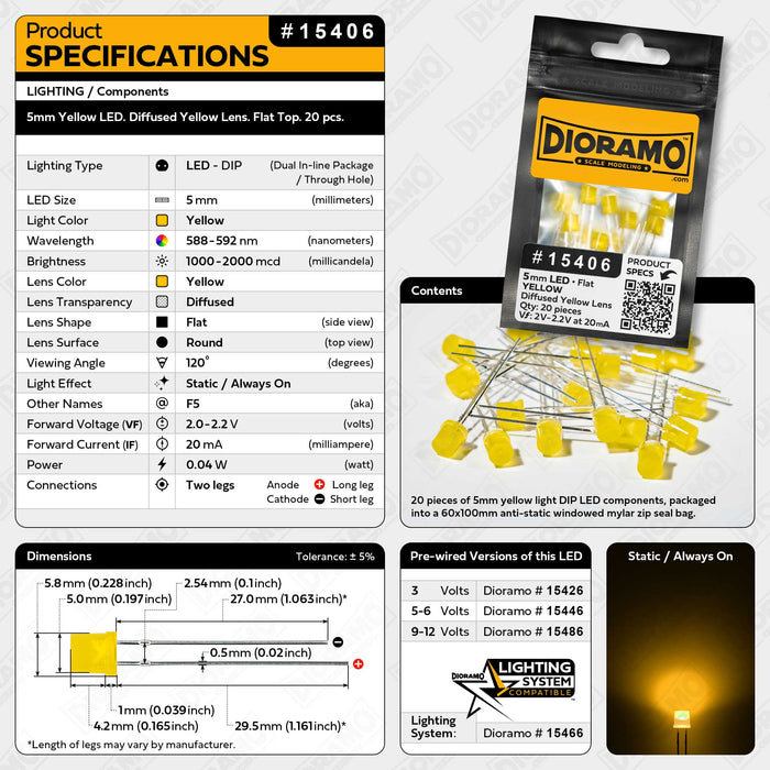 5mm Yellow LED. Diffused Yellow Lens. Flat Top. 20 pcs.