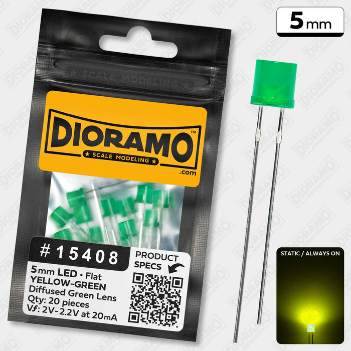 5mm Yellow-Green LED. Diffused Green Lens. Flat Top. 20 pcs.