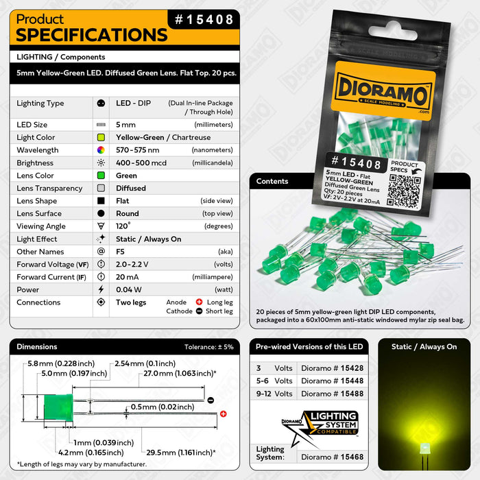 5mm Yellow-Green LED. Diffused Green Lens. Flat Top. 20 pcs.