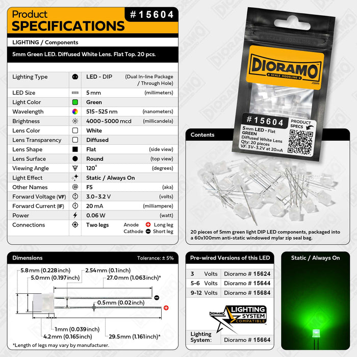 5mm Green LED. Diffused White Lens. Flat Top. 20 pcs.