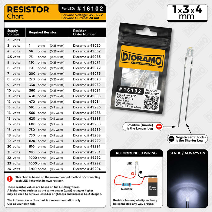 1x3x4mm Cool-White LED. Clear Lens. Rectangle. 20 pcs.