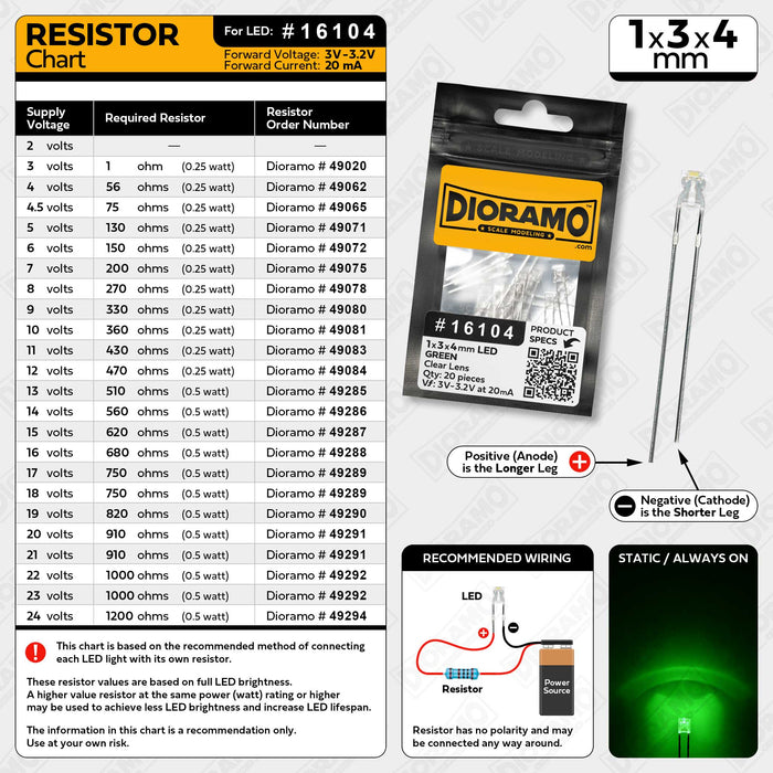 1x3x4mm Green LED. Clear Lens. Rectangle. 20 pcs.