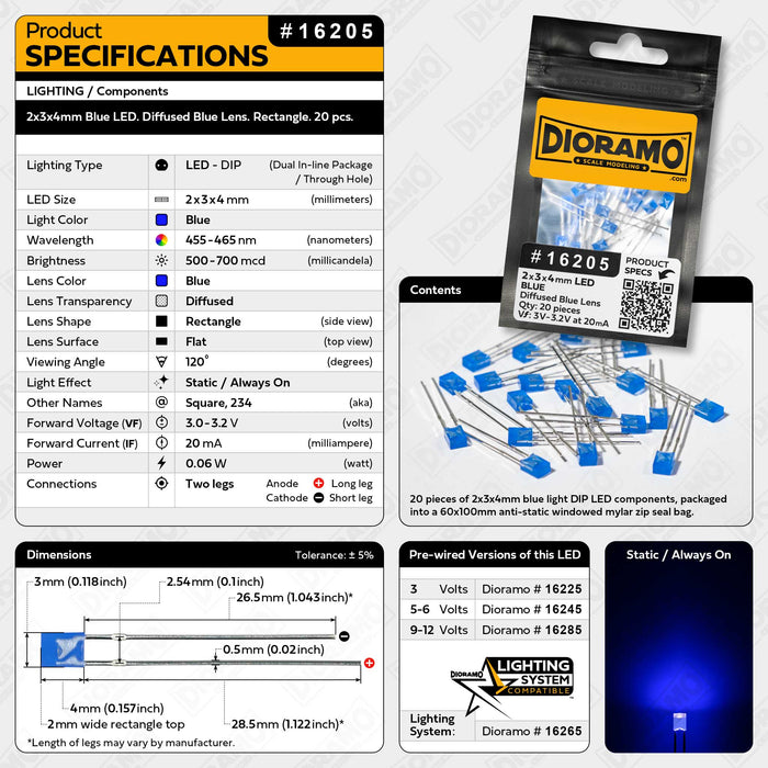 2x3x4mm Blue LED. Diffused Blue Lens. Rectangle. 20 pcs.