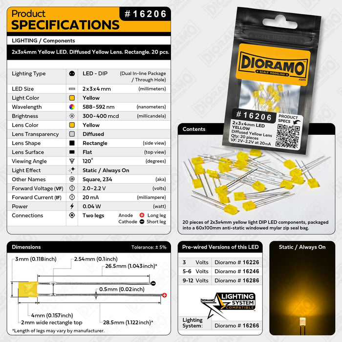 2x3x4mm Yellow LED. Diffused Yellow Lens. Rectangle. 20 pcs.