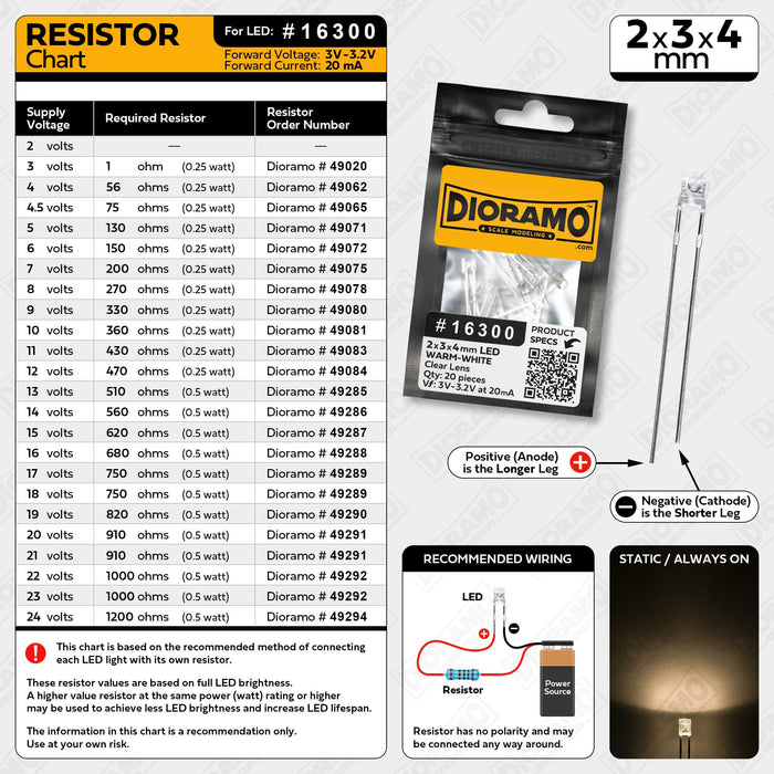 2x3x4mm Warm-White LED. Clear Lens. Rectangle. 20 pcs.